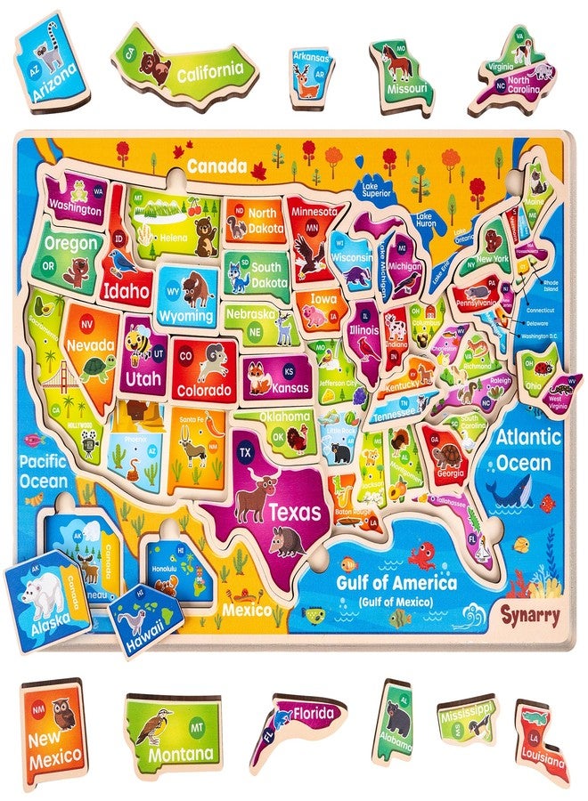 SYNARRY Large USA Wooden Puzzles for Kids Ages 3-5, Learning United States Map Puzles for Kids Ages 4-6, Wood Jigsaw Puzzles Educational Games Toys Gifts for Boys Girls Ages 3-8 - Image 1